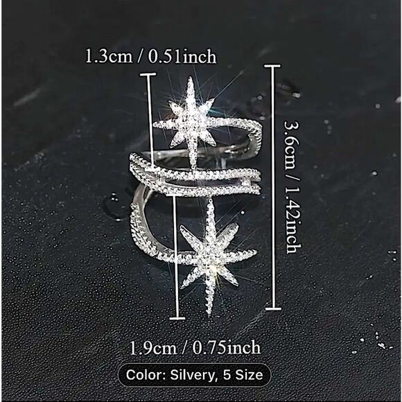 Silver Double Star Zircon Ring Celestial Moon - Picture 5 of 7